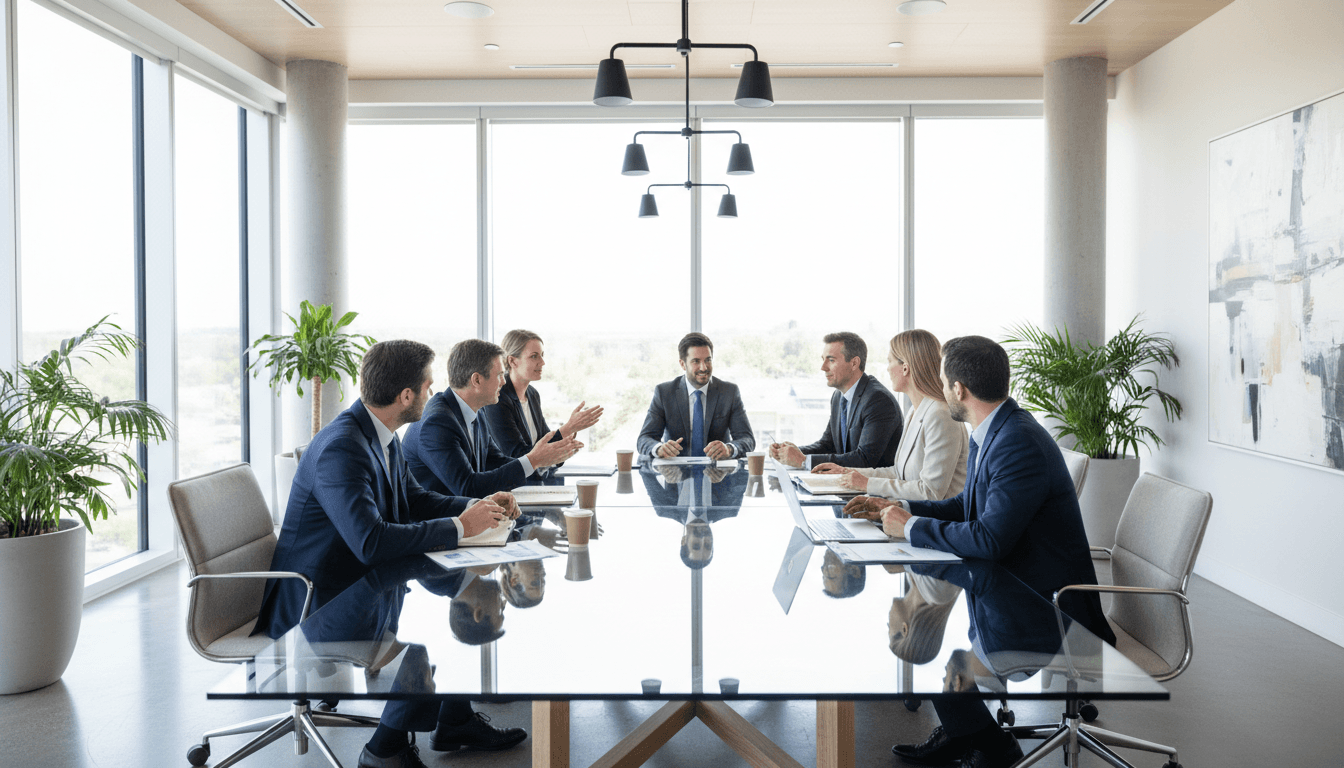 Two professionals in discussion at a modern conference table with city views in background
